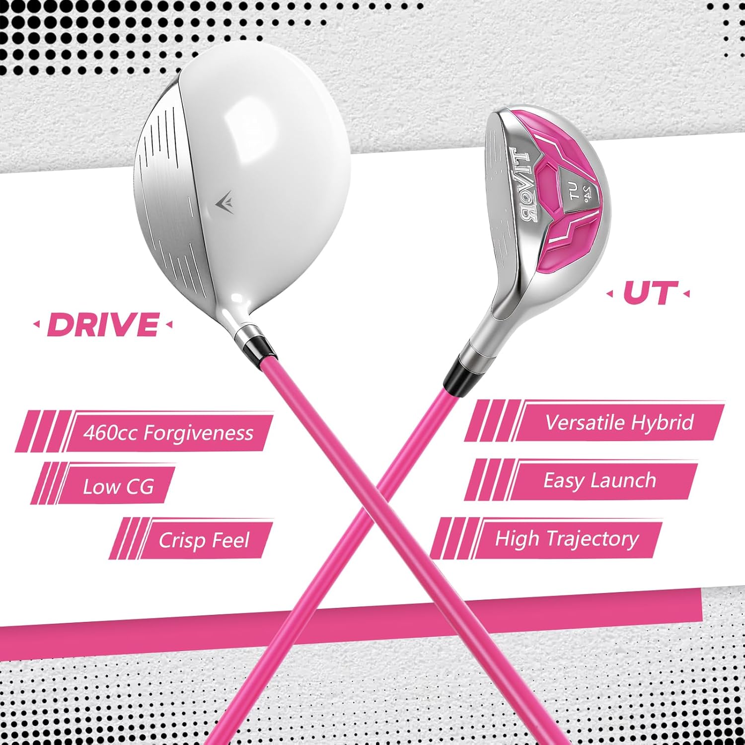 Golf Clubs Set 7-Piece Complete Set with Driver Hybrid 7 Iron 9 Iron Sand Wedge Putter Stand Bag for Women Men Right Left Handed - Beginner Golf Sets Pink Gray