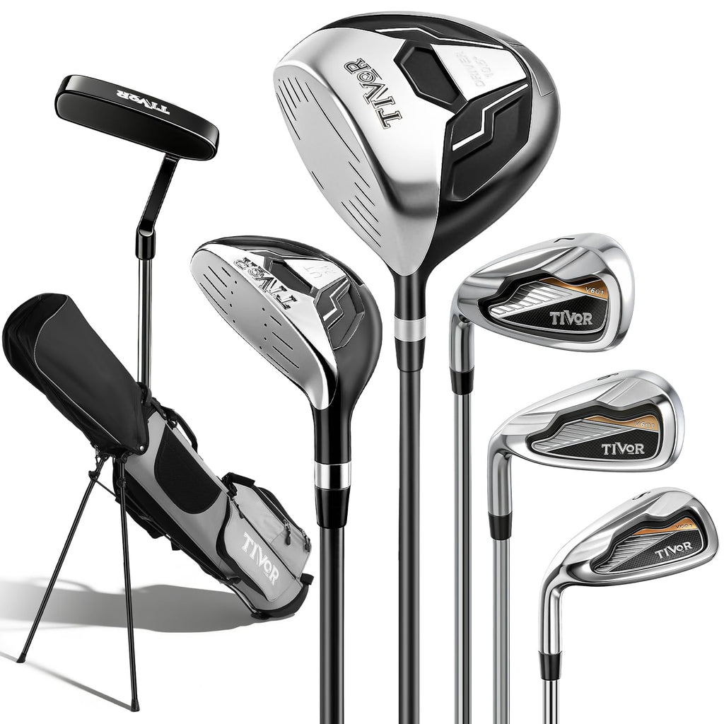 Golf Clubs Set 7-Piece Complete Set with Driver Hybrid 7 Iron 9 Iron Sand Wedge Putter Stand Bag for Women Men Right Left Handed - Beginner Golf Sets Pink Gray