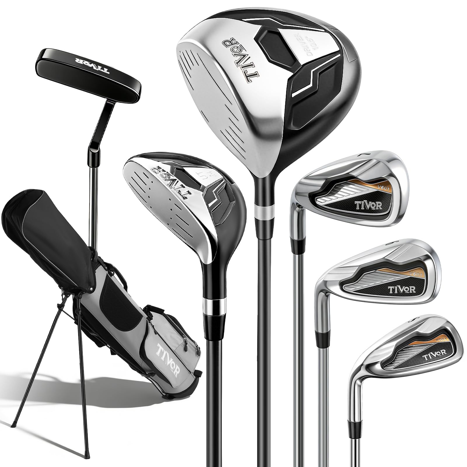 Golf Clubs Set 7-Piece Complete Set with Driver Hybrid 7 Iron 9 Iron Sand Wedge Putter Stand Bag for Women Men Right Left Handed - Beginner Golf Sets Pink Gray