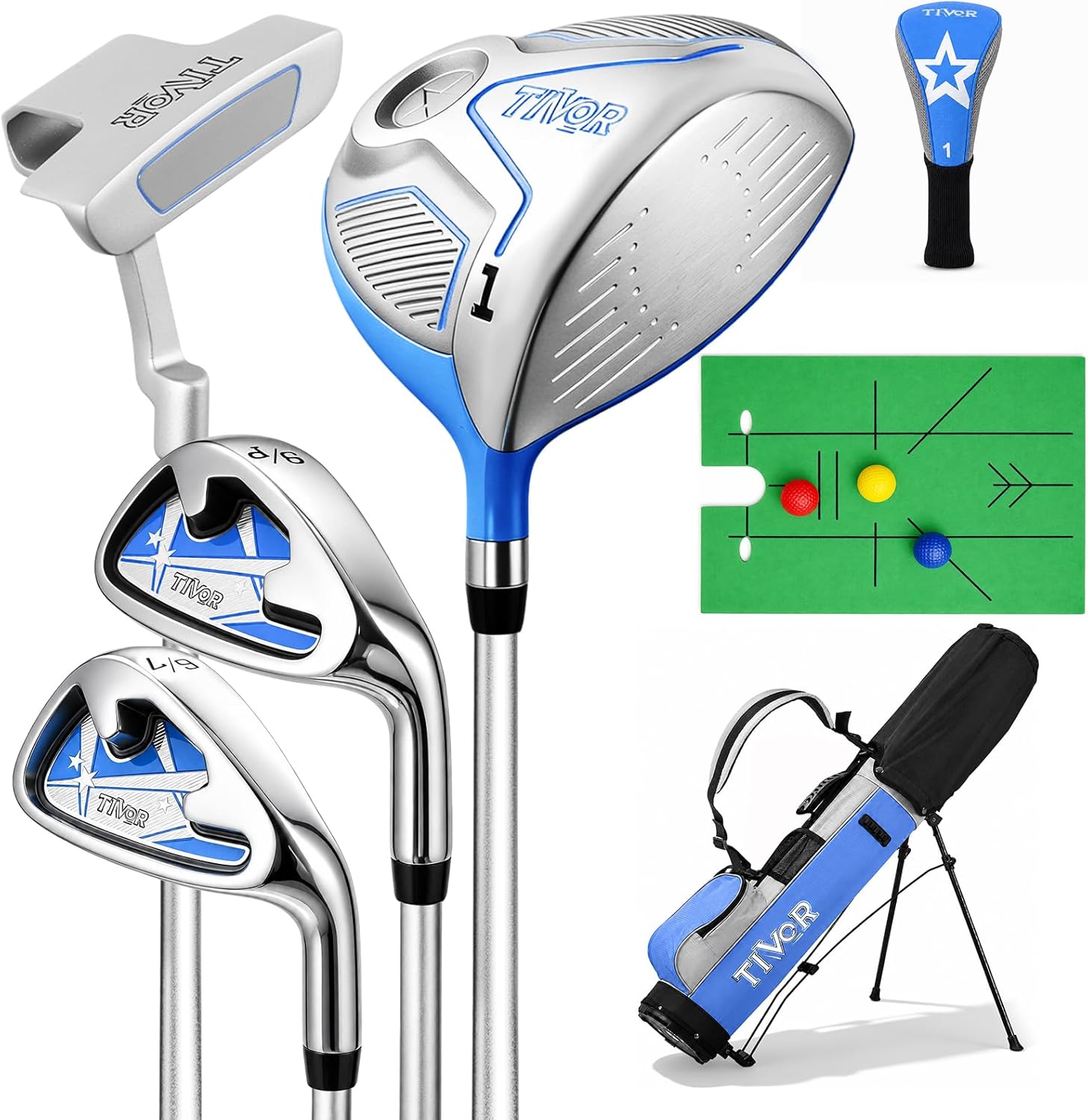 Kids Golf Clubs Set for Ages 6-8, Right Handed Junior Golf Clubs 7 Piece Set with 400cc Driver, 7 Iron, 9 Iron, Putter, Stand Bag, Headcover & Practice Mat, Kids Golf Set for Height 3'10"-4'4", Blue