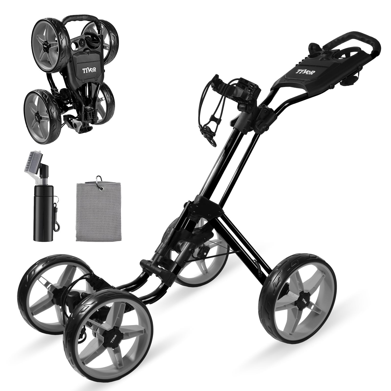 Tivor Lightweight Golf Push cart 4 Wheel Foldable Golf Trolley for Adults and Junior with Ergonomic Adjustable Handle, Scorecard Holder, Umbrella Mount, Foot Brake, All-Terrain Wheels