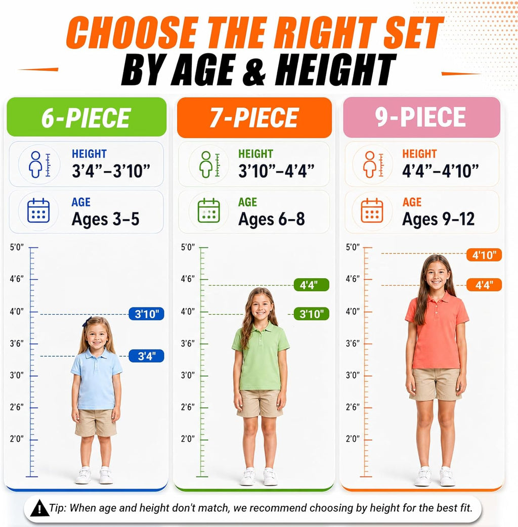 Kids Golf Clubs Set for Ages 6-8, Right Handed Junior Golf Clubs 7 Piece Set with 400cc Driver, 7 Iron, 9 Iron, Putter, Stand Bag, Headcover & Practice Mat, Kids Golf Set for Height 3'10"-4'4", Orange
