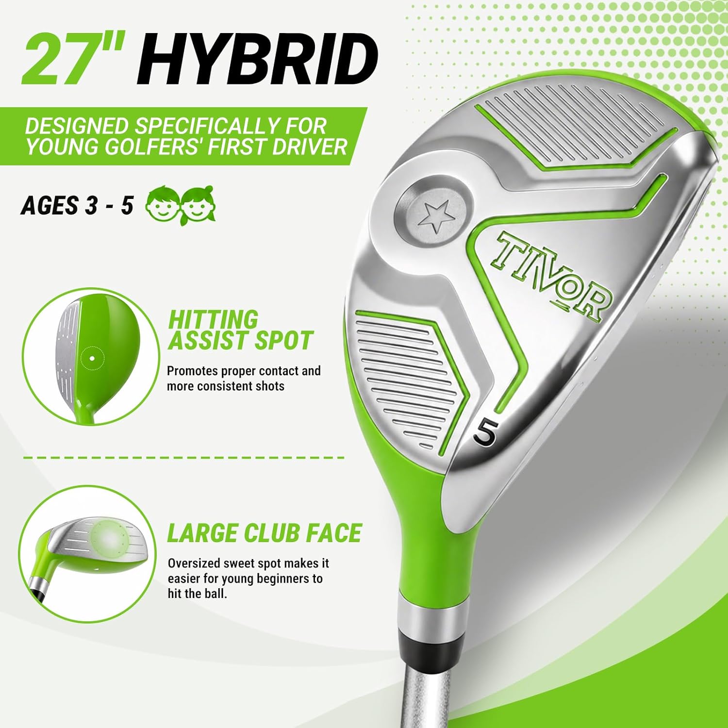 Kids Golf Clubs Set for Ages 3-5, Right Handed Junior Golf Clubs 6 Piece Set with Hybrid, 7 Iron, Putter, Golf Bag, Headcover & Practice Mat, Kids Golf Set for Height 3'4"–3'10", Green
