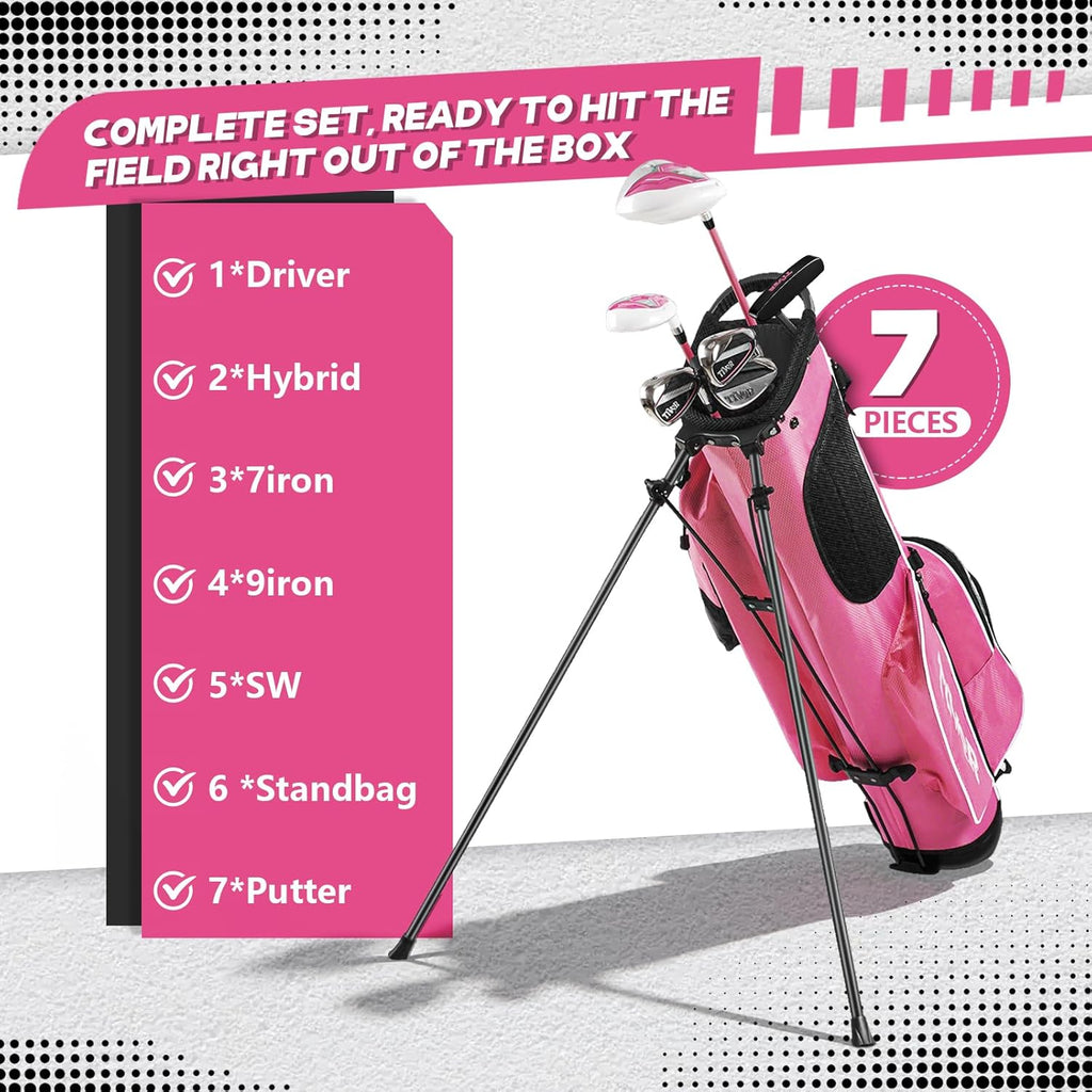 Golf Clubs Set 7-Piece Complete Set with Driver Hybrid 7 Iron 9 Iron Sand Wedge Putter Stand Bag for Women Men Right Left Handed - Beginner Golf Sets Pink Gray