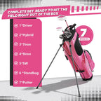 Golf Clubs Set 7-Piece Complete Set with Driver Hybrid 7 Iron 9 Iron Sand Wedge Putter Stand Bag for Women Men Right Left Handed - Beginner Golf Sets Pink Gray