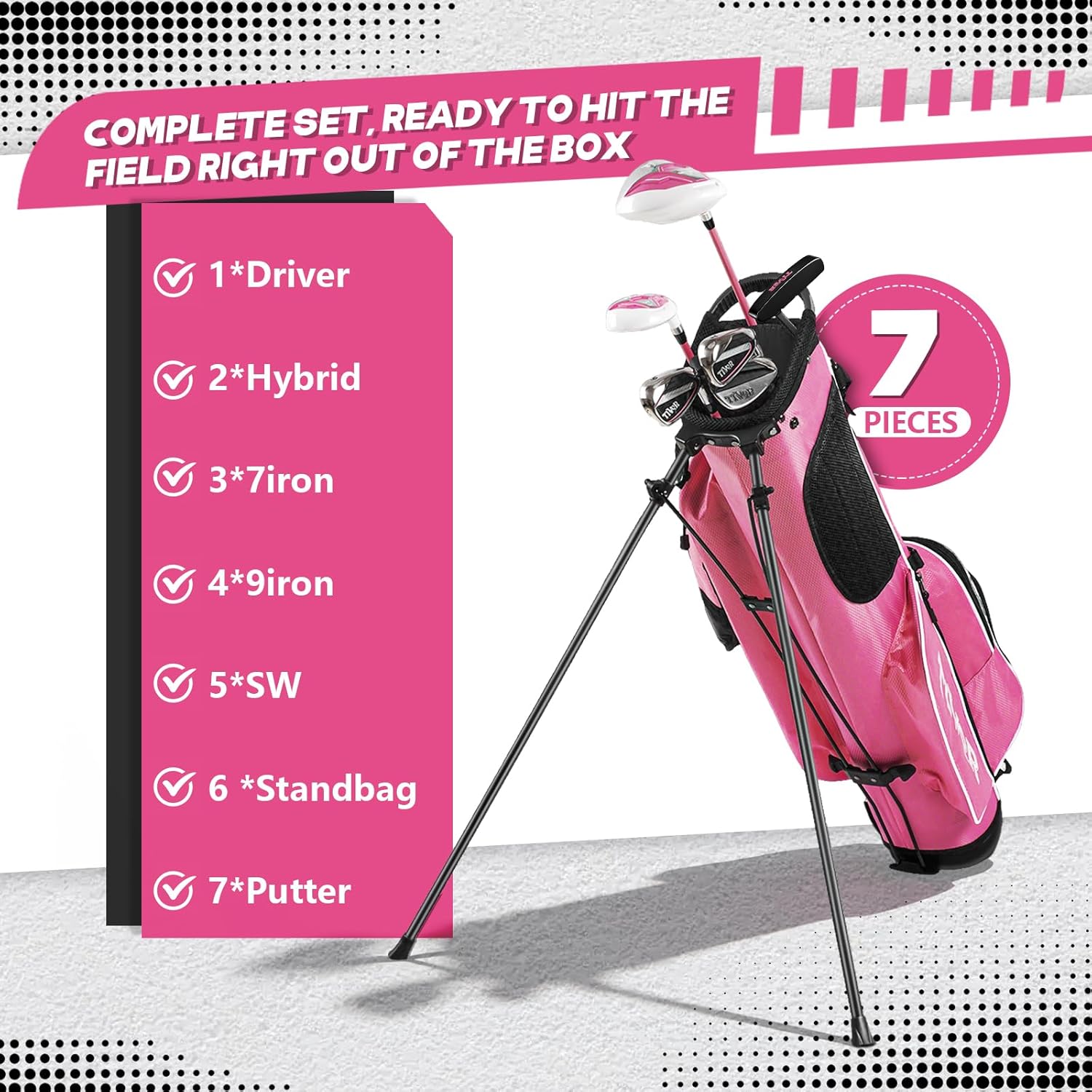 Golf Clubs Set 7-Piece Complete Set with Driver Hybrid 7 Iron 9 Iron Sand Wedge Putter Stand Bag for Women Men Right Left Handed - Beginner Golf Sets Pink Gray
