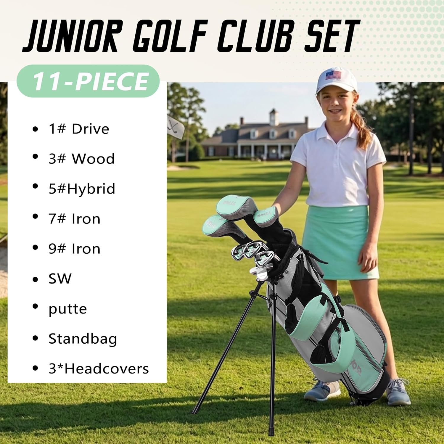 Youth Golf Clubs Set for Ages 12-14, Right Handed Junior Golf Clubs 11 Piece Set with 400cc Driver, 3 Wood, Hybrid,7 Iron, 9 Iron, Wedge, Putter, Stand Bag &amp; 3 Headcovers，Green Black