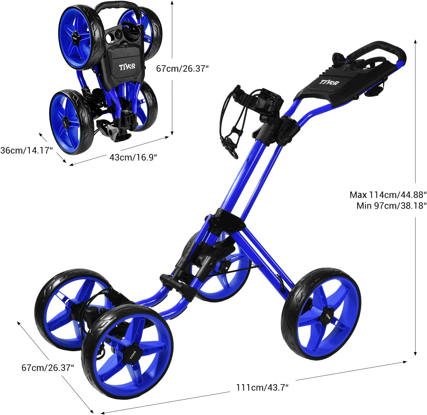 Tivor Lightweight Golf Push cart 4 Wheel Foldable Golf Trolley for Adults and Junior with Ergonomic Adjustable Handle, Scorecard Holder, Umbrella Mount, Foot Brake, All-Terrain Wheels