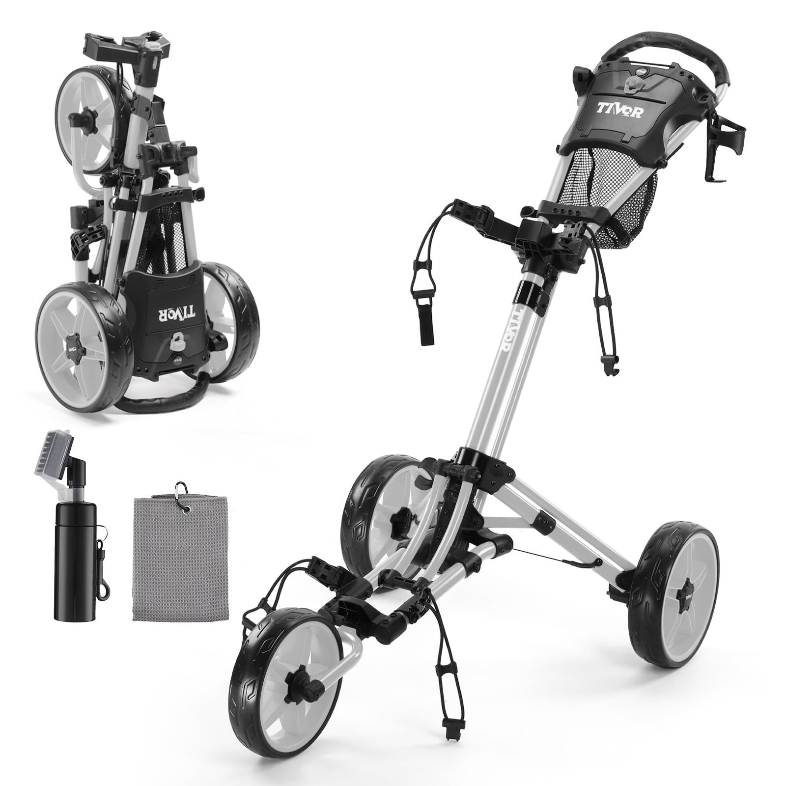 Tivor Lightweight Golf Push cart 3 Wheel,Foldable Golf Trolley for Adults and Junior with Ergonomic Adjustable Handle, Scorecard Holder, Umbrella Mount, Foot Brake, All-Terrain Wheels
