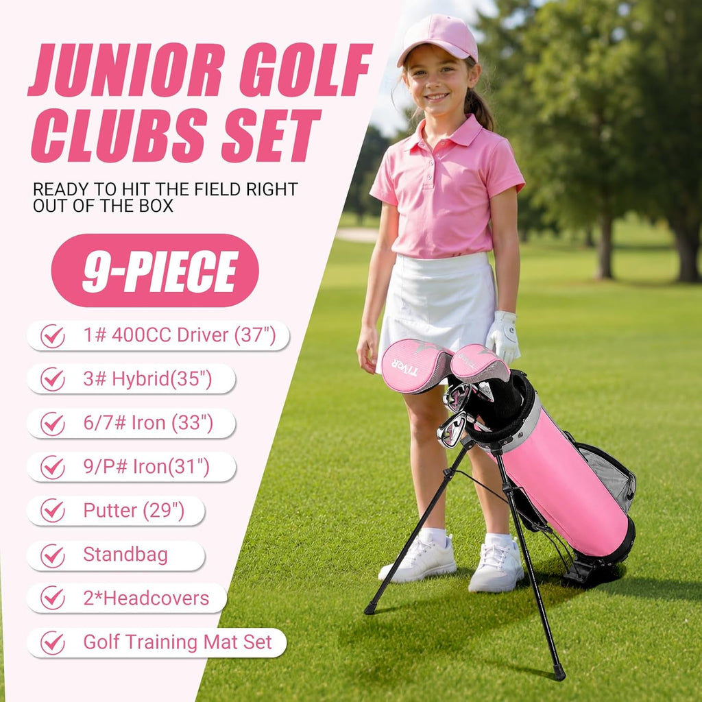 Kids Golf Clubs Set for Ages 9-12, Right Handed Youth Golf Clubs 9 Piece Set with 400cc Driver, Hybrid, 7 Iron, 9 Iron, Putter, Stand Bag &amp; Practice Mat, Junior Golf Clubs for Height 4'4"-4'10",Pink