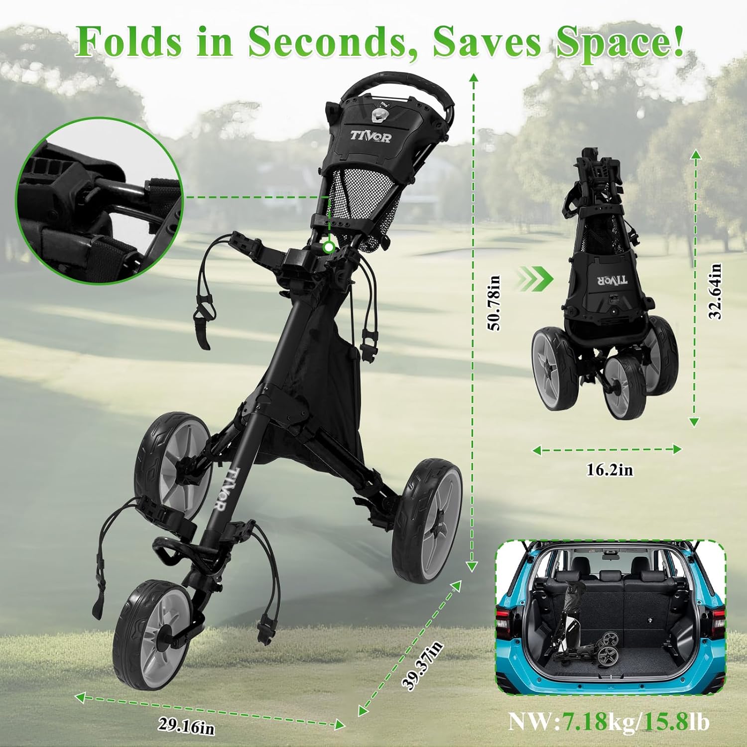 Tivor 3 Wheel Golf Push Cart, Lightweight Push Cart Golf One-Click Folding, Adjustable Height Pushcart for Golf Bags, Compact Design for Ladies, Junior Golfers