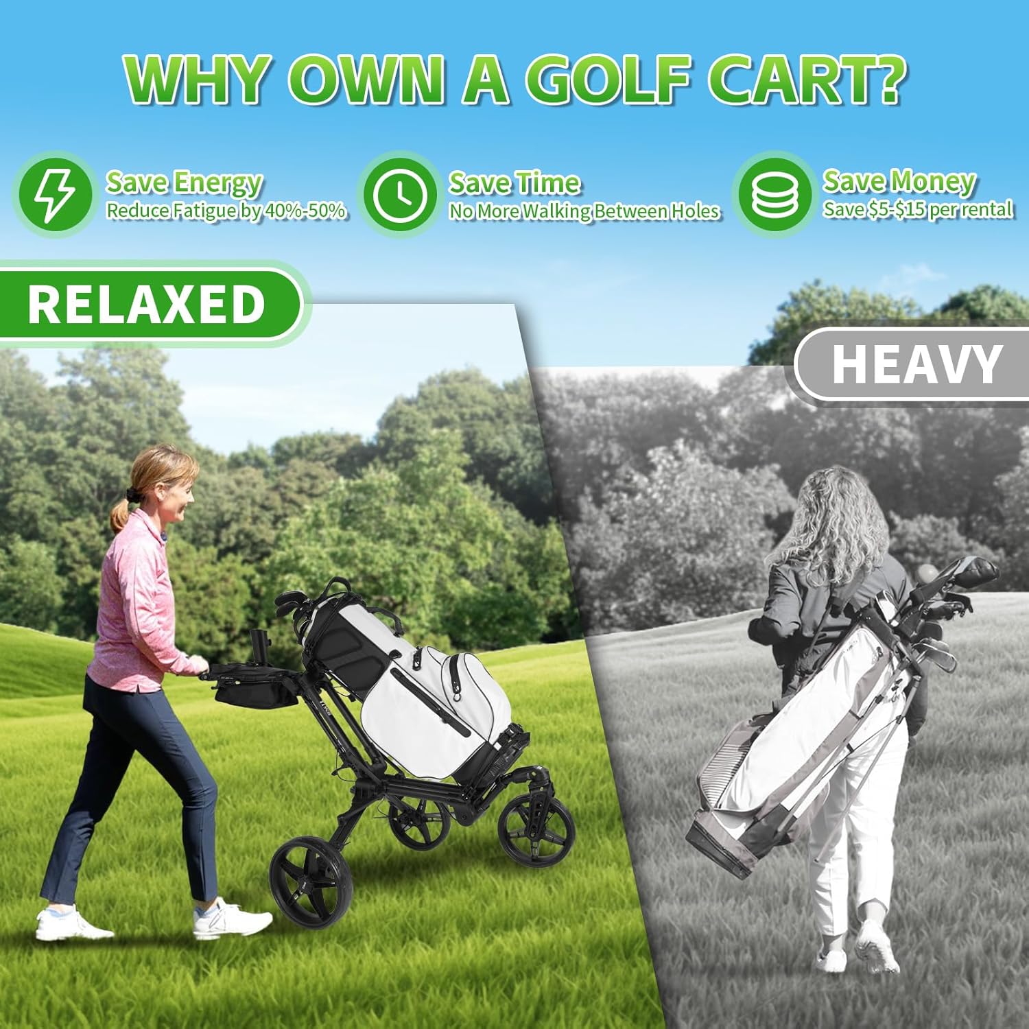 Tivor Golf Push Cart with 360° Front Wheels & Handbrake, 3 Wheel Pull Cart Offers One-Click Folding and All-Terrain Mobility
