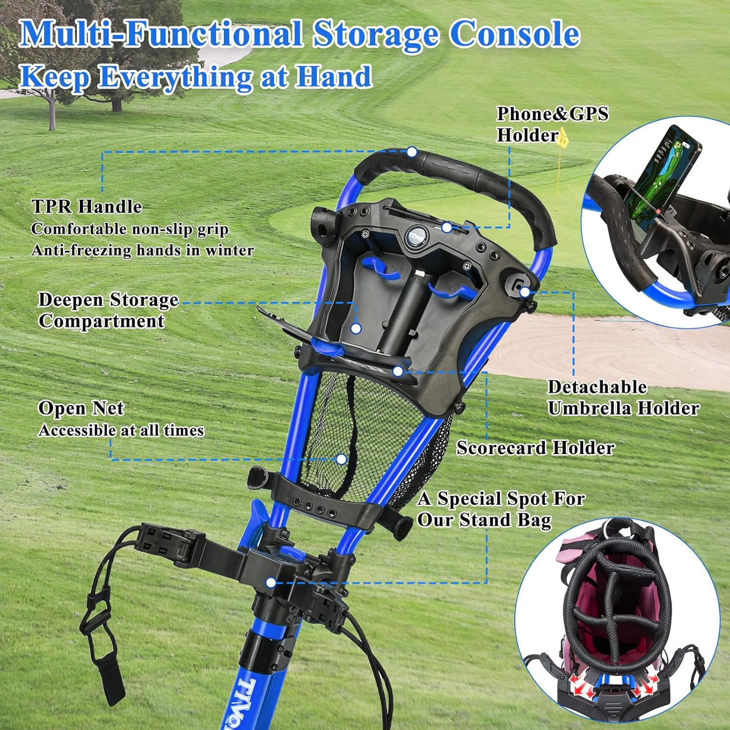 Tivor Lightweight Golf Push cart 3 Wheel,Foldable Golf Trolley for Adults and Junior with Ergonomic Adjustable Handle, Scorecard Holder, Umbrella Mount, Foot Brake, All-Terrain Wheels