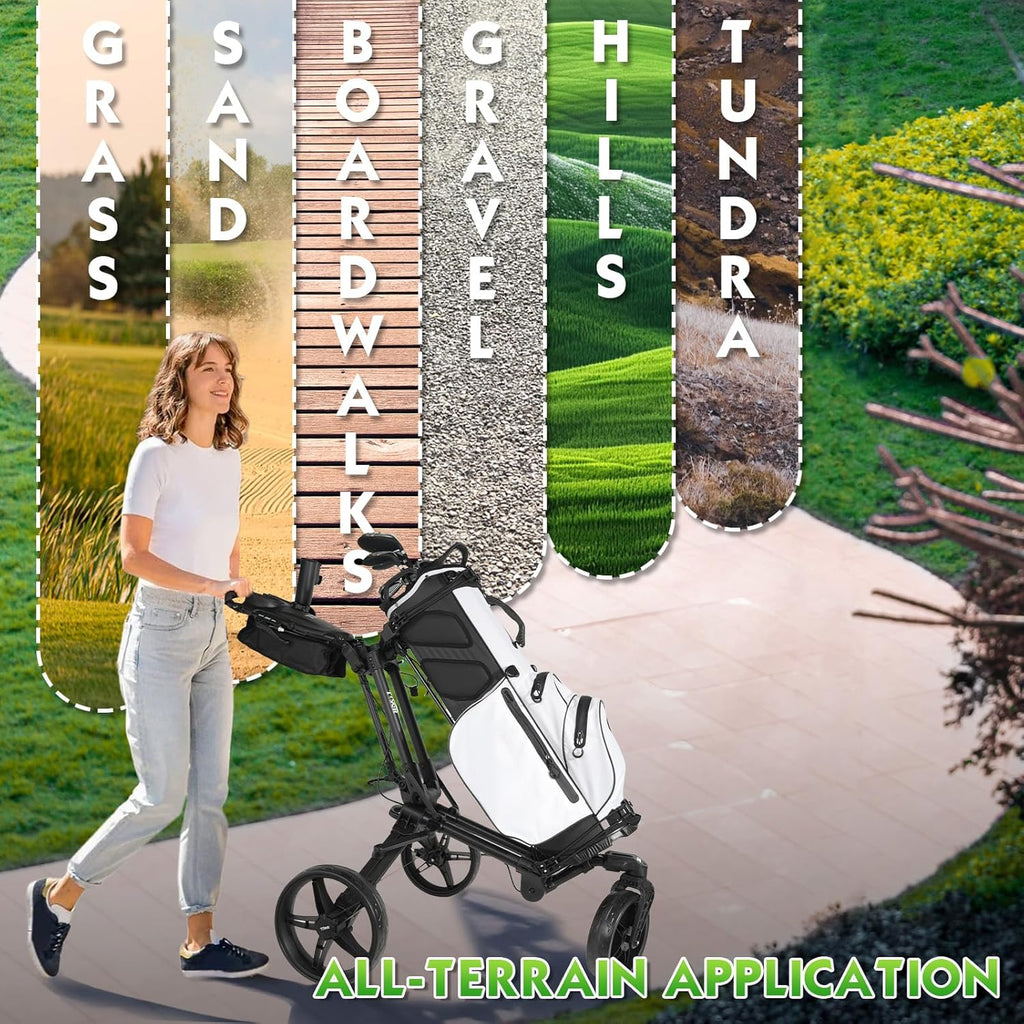 Tivor Golf Push Cart with 360° Front Wheels & Handbrake, 3 Wheel Pull Cart Offers One-Click Folding and All-Terrain Mobility