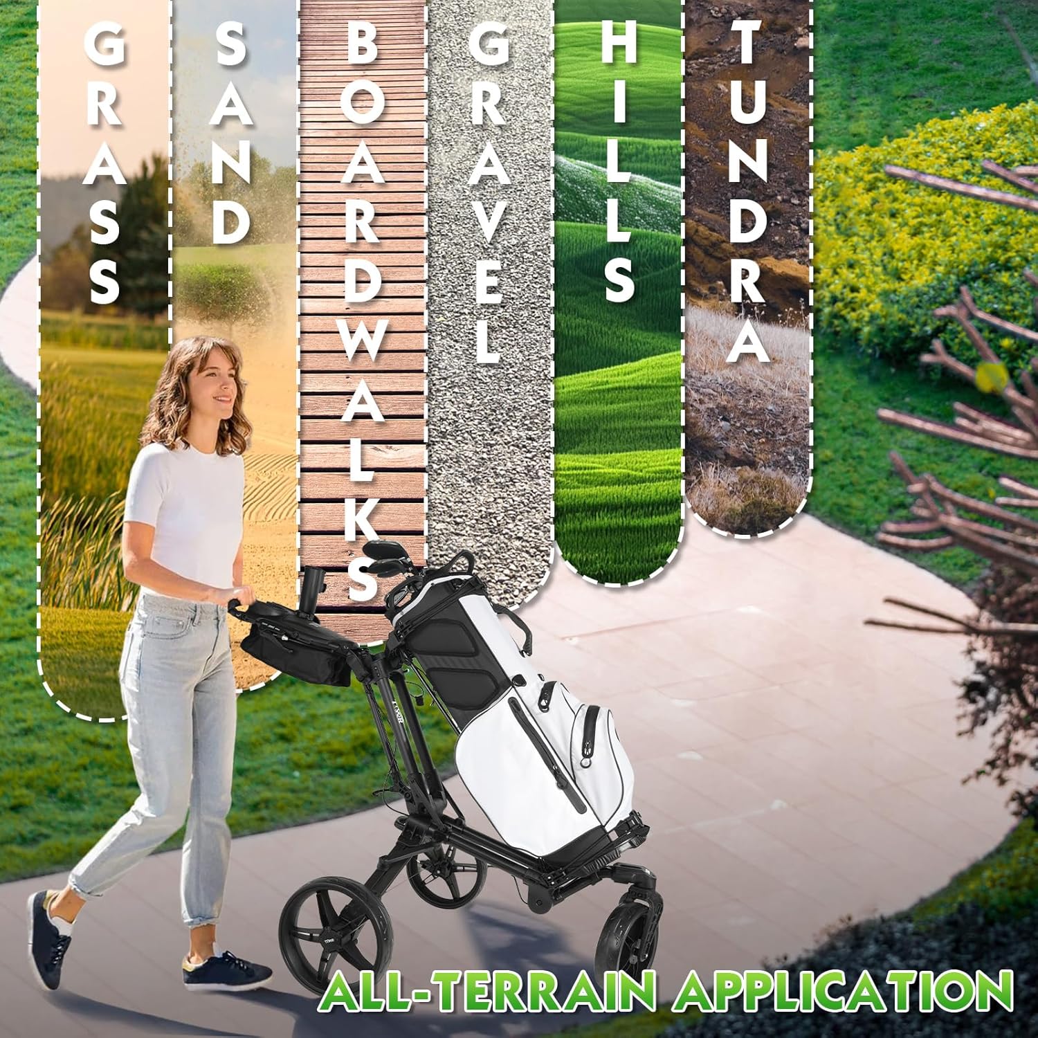 Tivor Golf Push Cart with 360° Front Wheels & Handbrake, 3 Wheel Pull Cart Offers One-Click Folding and All-Terrain Mobility
