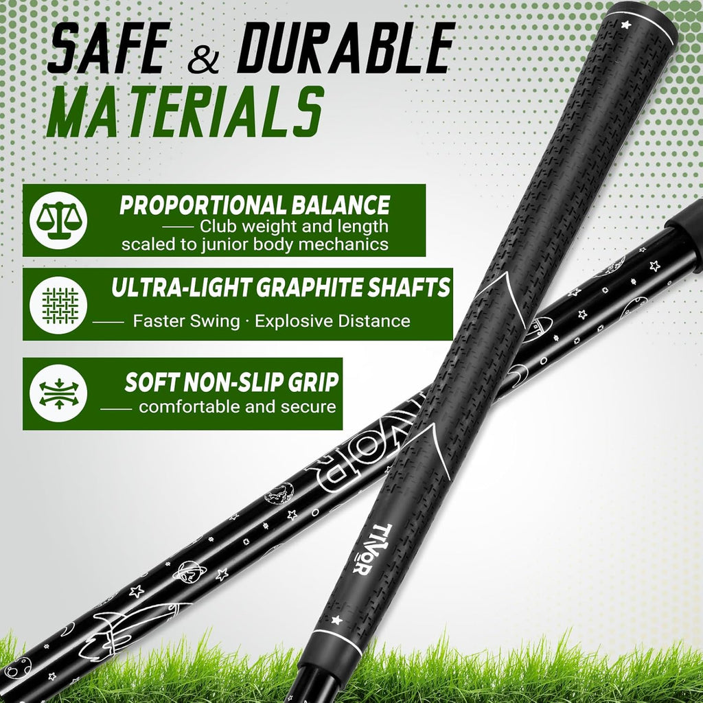 Youth Golf Clubs Set for Ages 12-14, Right Handed Junior Golf Clubs 11 Piece Set with 400cc Driver, 3 Wood, Hybrid,7 Iron, 9 Iron, Wedge, Putter, Stand Bag &amp; 3 Headcovers，Green Black