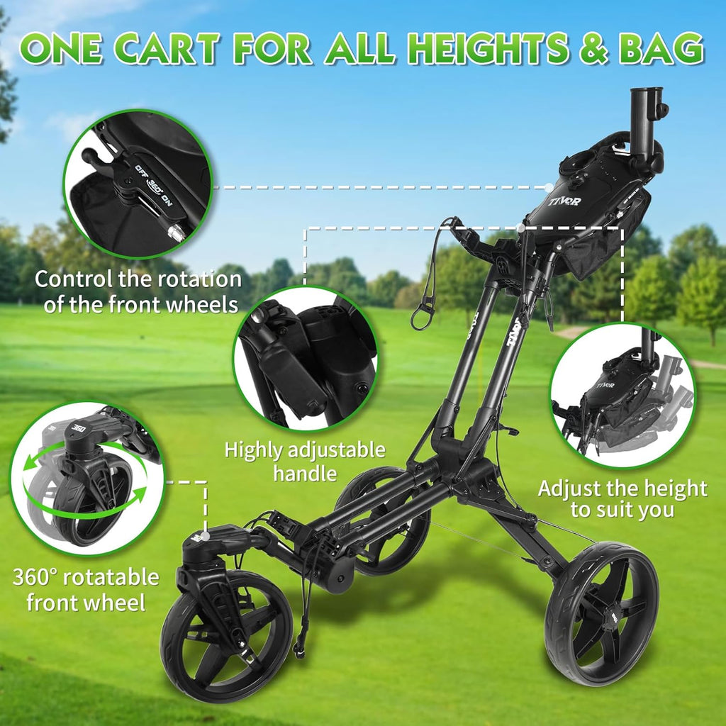 Tivor Golf Push Cart with 360° Front Wheels & Handbrake, 3 Wheel Pull Cart Offers One-Click Folding and All-Terrain Mobility