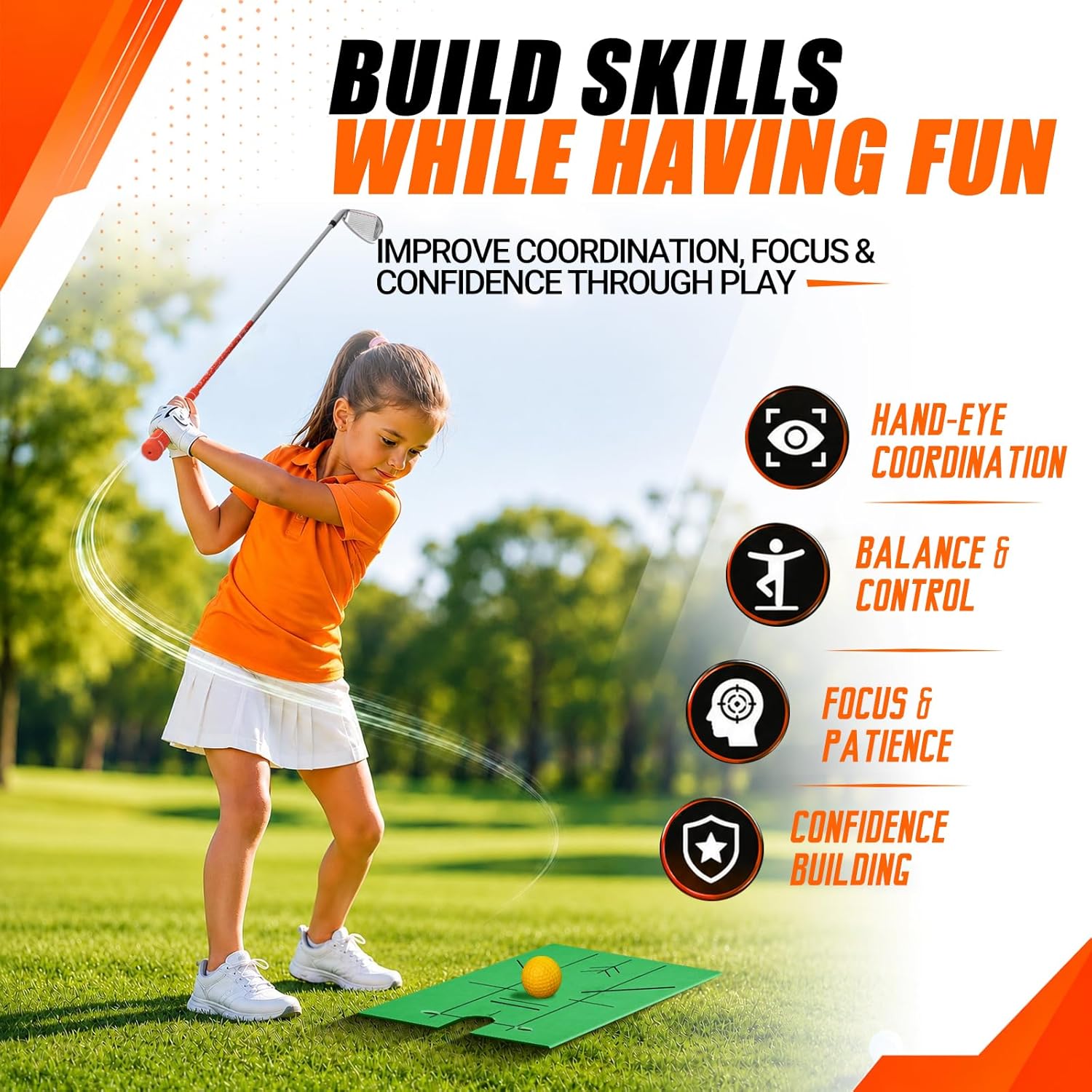 Kids Golf Clubs Set for Ages 6-8, Right Handed Junior Golf Clubs 7 Piece Set with 400cc Driver, 7 Iron, 9 Iron, Putter, Stand Bag, Headcover & Practice Mat, Kids Golf Set for Height 3'10"-4'4", Orange