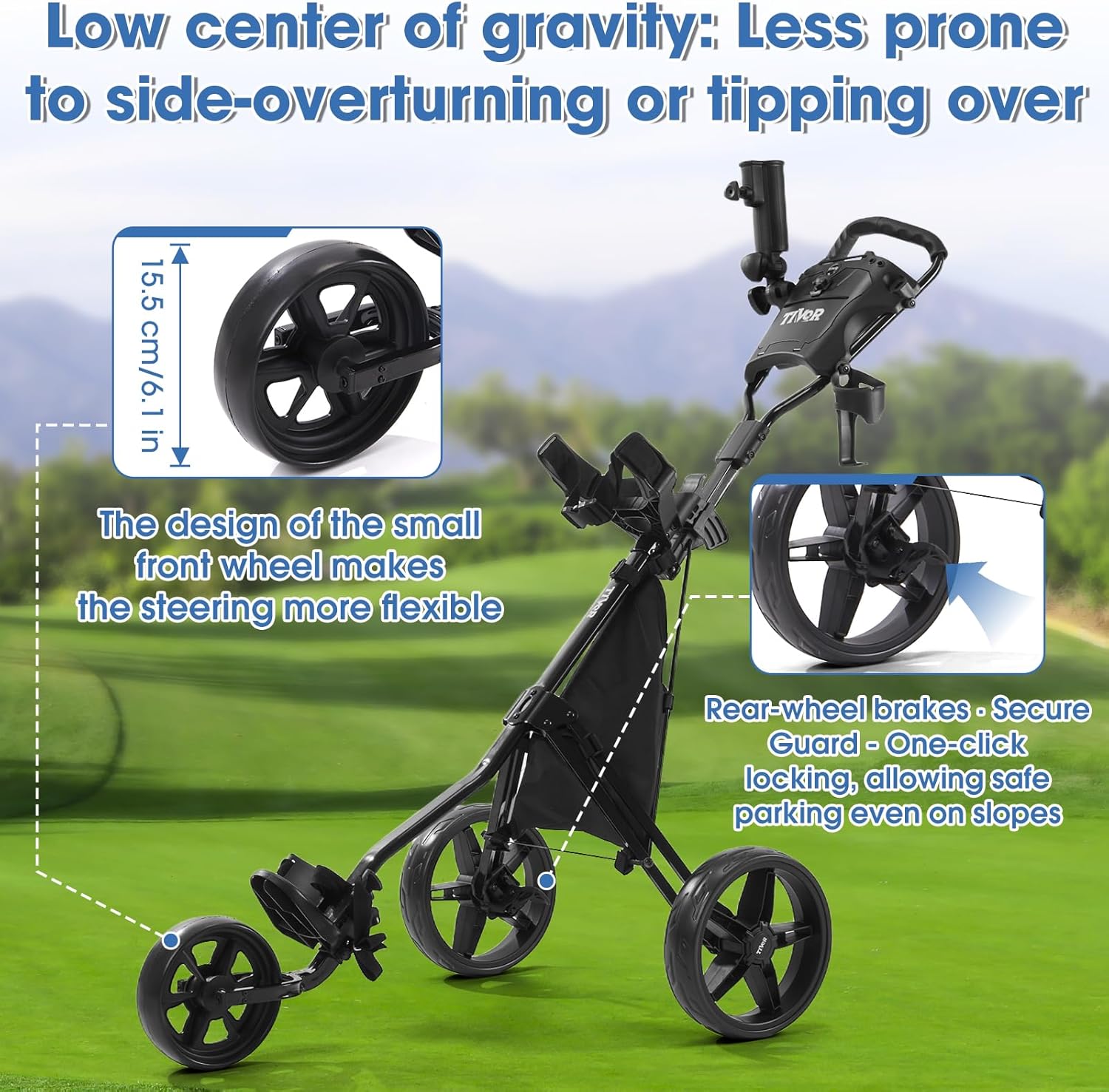 Tivor 3 Wheel Golf Push Cart, Lightweight Push Cart Golf One-Click Folding, Adjustable Height Pushcart for Golf Bags, Compact Design for Ladies, Junior Golfers