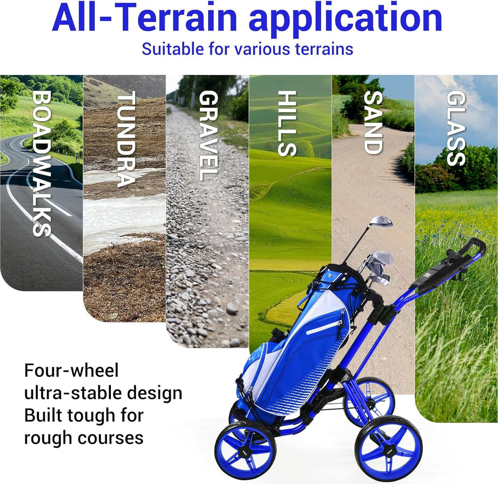 Tivor Lightweight Golf Push cart 4 Wheel Foldable Golf Trolley for Adults and Junior with Ergonomic Adjustable Handle, Scorecard Holder, Umbrella Mount, Foot Brake, All-Terrain Wheels