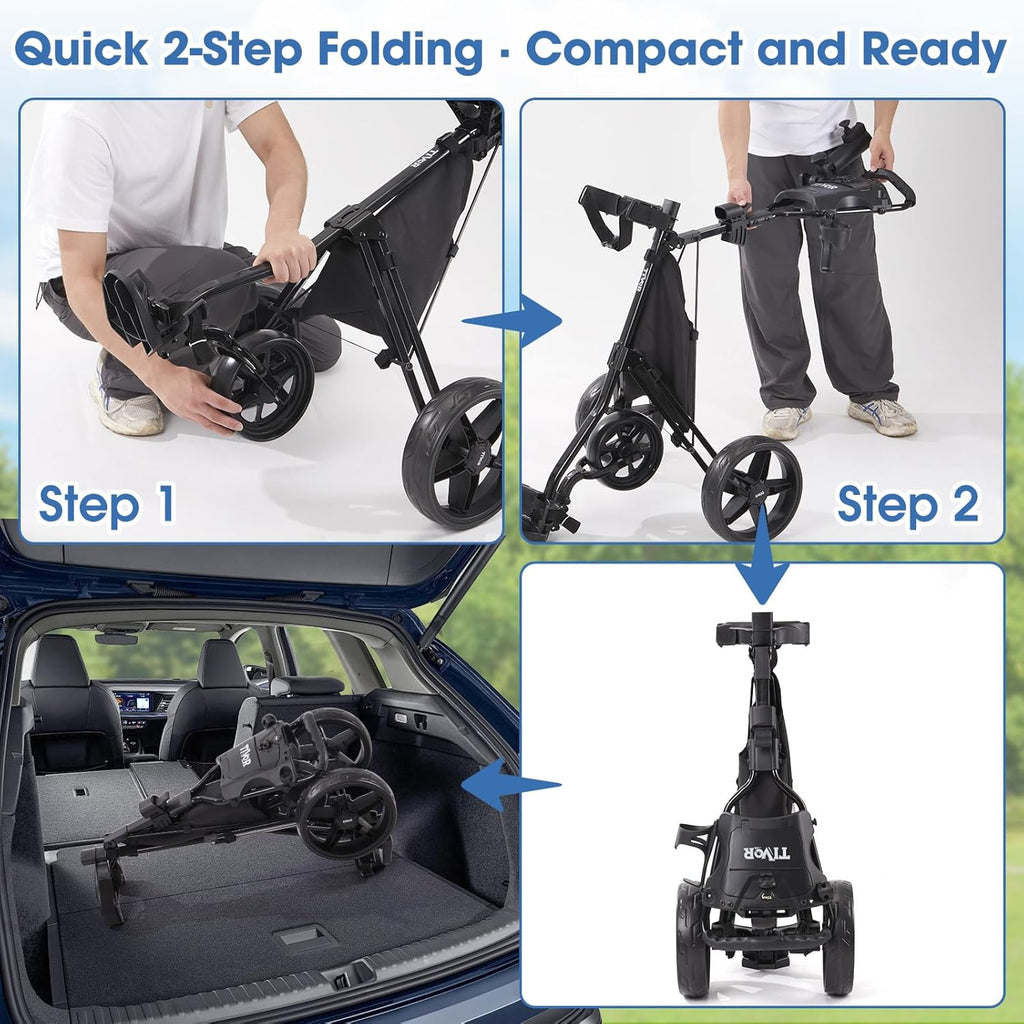 Tivor 3 Wheel Golf Push Cart, Lightweight Push Cart Golf One-Click Folding, Adjustable Height Pushcart for Golf Bags, Compact Design for Ladies, Junior Golfers