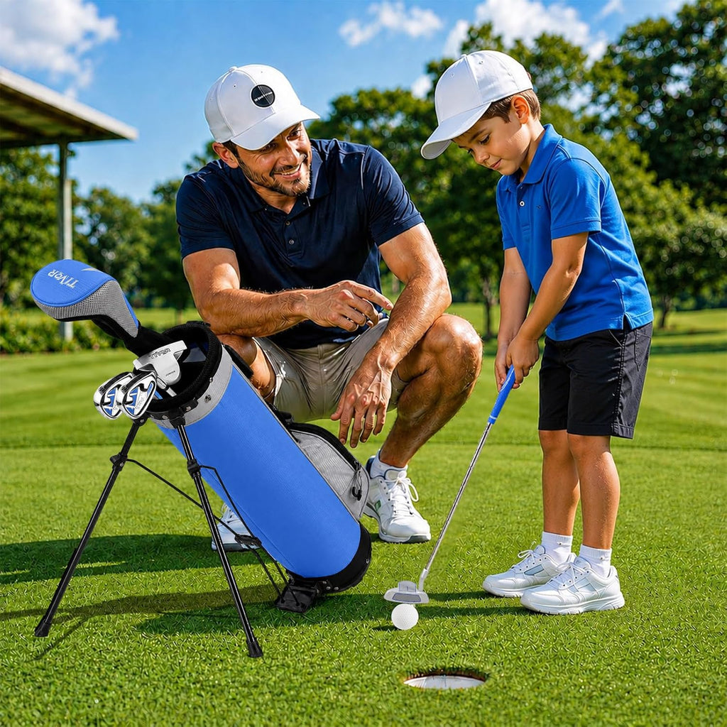 Kids Golf Clubs Set for Ages 6-8, Right Handed Junior Golf Clubs 7 Piece Set with 400cc Driver, 7 Iron, 9 Iron, Putter, Stand Bag, Headcover & Practice Mat, Kids Golf Set for Height 3'10"-4'4", Blue