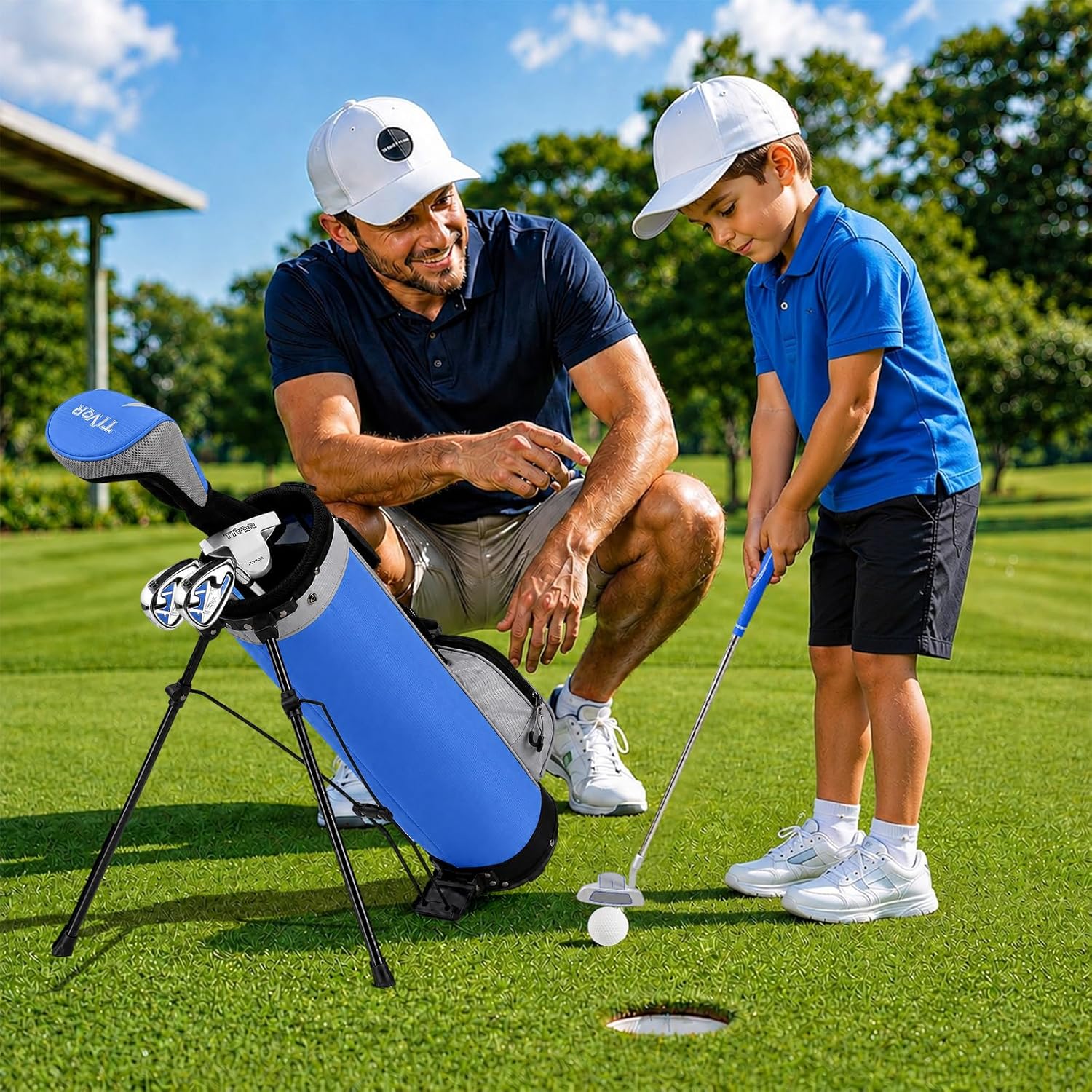 Kids Golf Clubs Set for Ages 6-8, Right Handed Junior Golf Clubs 7 Piece Set with 400cc Driver, 7 Iron, 9 Iron, Putter, Stand Bag, Headcover & Practice Mat, Kids Golf Set for Height 3'10"-4'4", Blue
