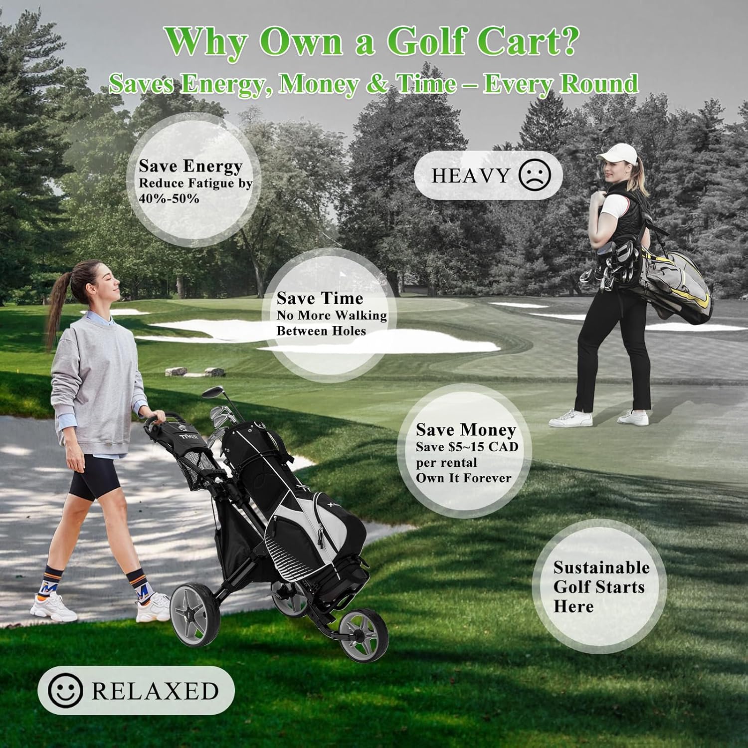 Tivor 3 Wheel Golf Push Cart, Lightweight Push Cart Golf One-Click Folding, Adjustable Height Pushcart for Golf Bags, Compact Design for Ladies, Junior Golfers