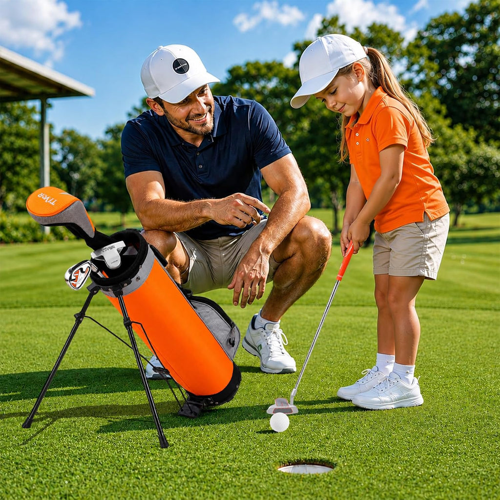 Kids Golf Clubs Set for Ages 6-8, Right Handed Junior Golf Clubs 7 Piece Set with 400cc Driver, 7 Iron, 9 Iron, Putter, Stand Bag, Headcover & Practice Mat, Kids Golf Set for Height 3'10"-4'4", Orange