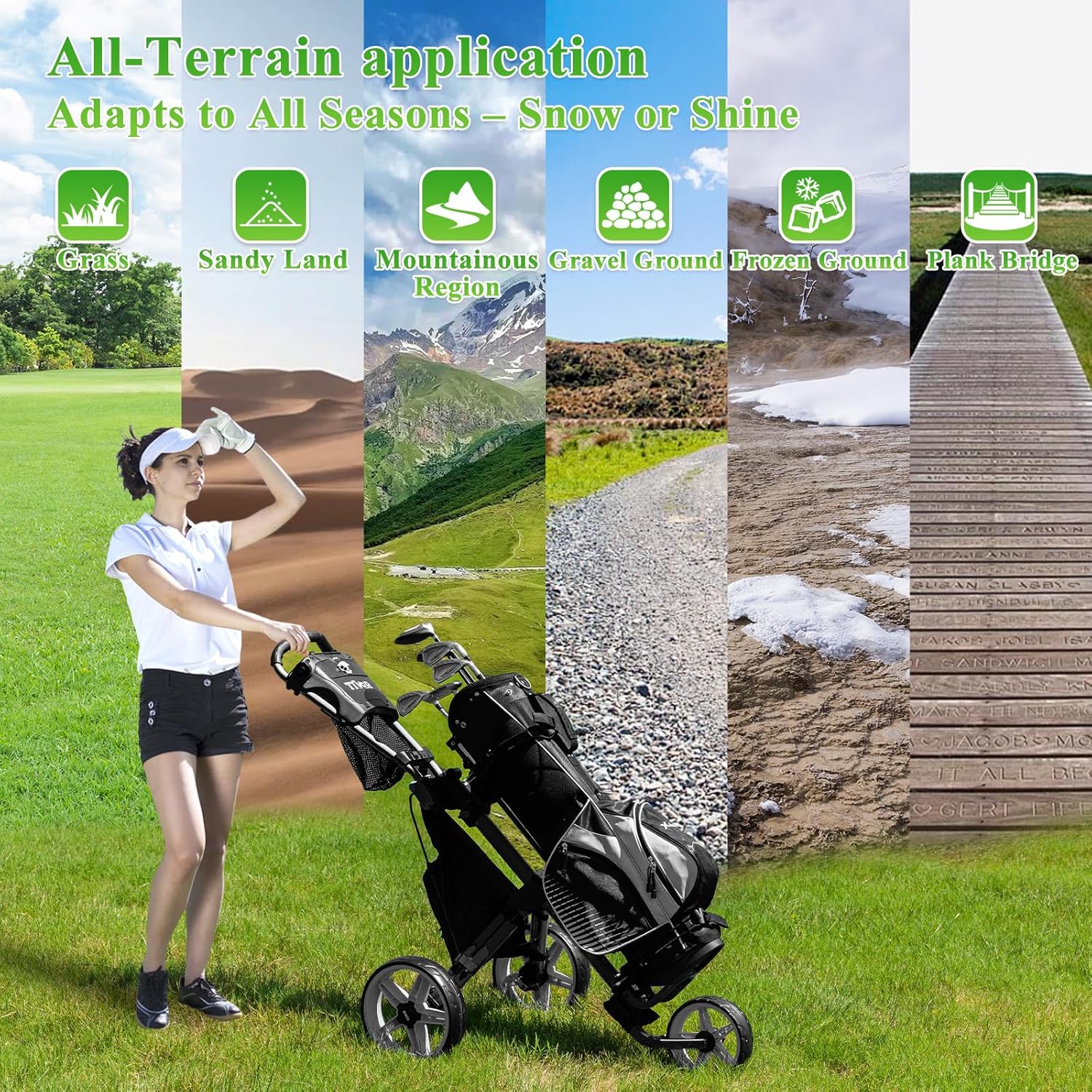 Tivor 3 Wheel Golf Push Cart, Lightweight Push Cart Golf One-Click Folding, Adjustable Height Pushcart for Golf Bags, Compact Design for Ladies, Junior Golfers
