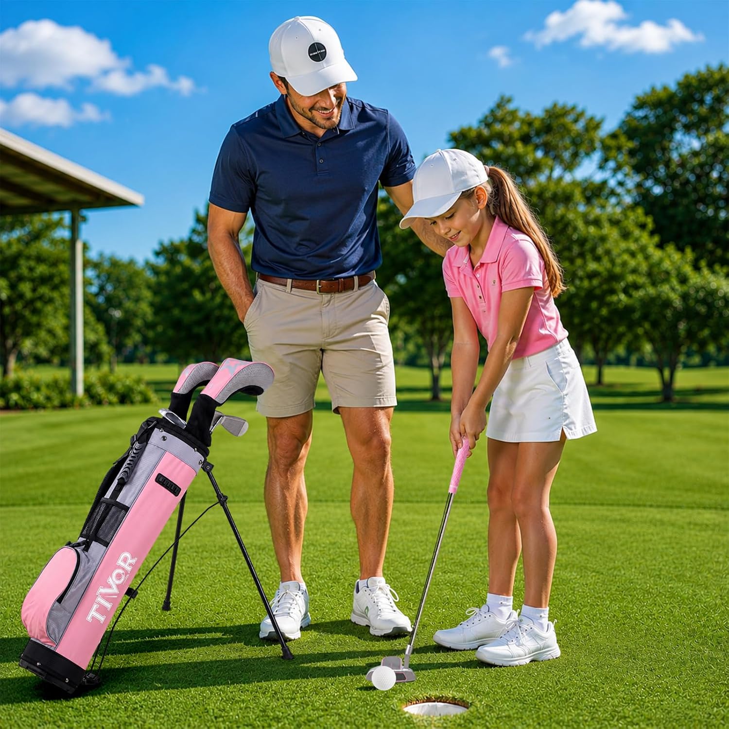 Kids Golf Clubs Set for Ages 9-12, Right Handed Youth Golf Clubs 9 Piece Set with 400cc Driver, Hybrid, 7 Iron, 9 Iron, Putter, Stand Bag &amp; Practice Mat, Junior Golf Clubs for Height 4'4"-4'10",Pink