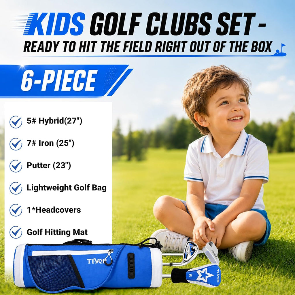 Kids Golf Clubs Set for Ages 3-5, Right Handed Junior Golf Clubs 6 Piece Set with Hybrid, 7 Iron, Putter, Golf Bag, Headcover & Practice Mat, Kids Golf Set for Height 3'4"–3'10", Blue