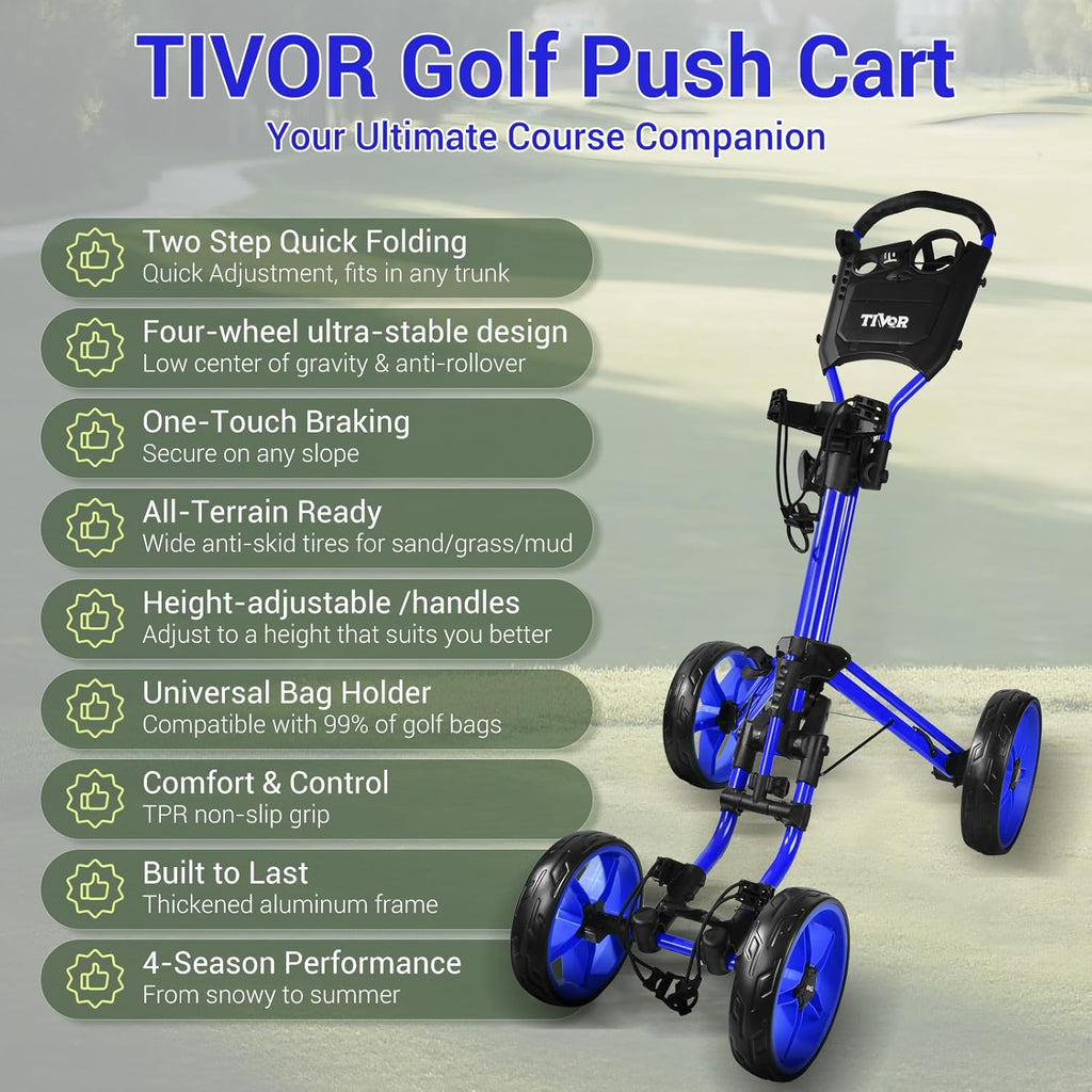 Tivor Lightweight Golf Push cart 4 Wheel Foldable Golf Trolley for Adults and Junior with Ergonomic Adjustable Handle, Scorecard Holder, Umbrella Mount, Foot Brake, All-Terrain Wheels