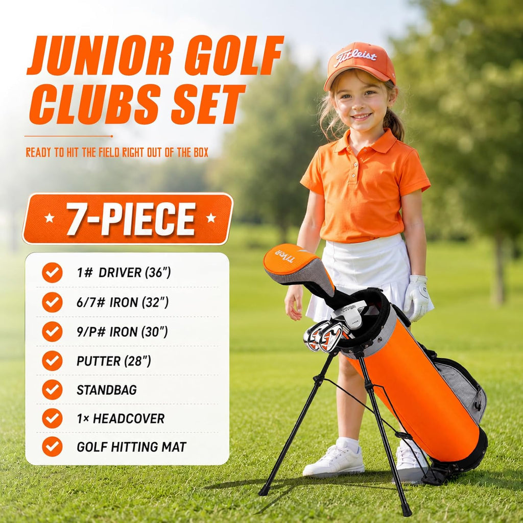 Kids Golf Clubs Set for Ages 6-8, Right Handed Junior Golf Clubs 7 Piece Set with 400cc Driver, 7 Iron, 9 Iron, Putter, Stand Bag, Headcover & Practice Mat, Kids Golf Set for Height 3'10"-4'4", Orange