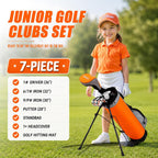 Kids Golf Clubs Set for Ages 6-8, Right Handed Junior Golf Clubs 7 Piece Set with 400cc Driver, 7 Iron, 9 Iron, Putter, Stand Bag, Headcover & Practice Mat, Kids Golf Set for Height 3'10"-4'4", Orange