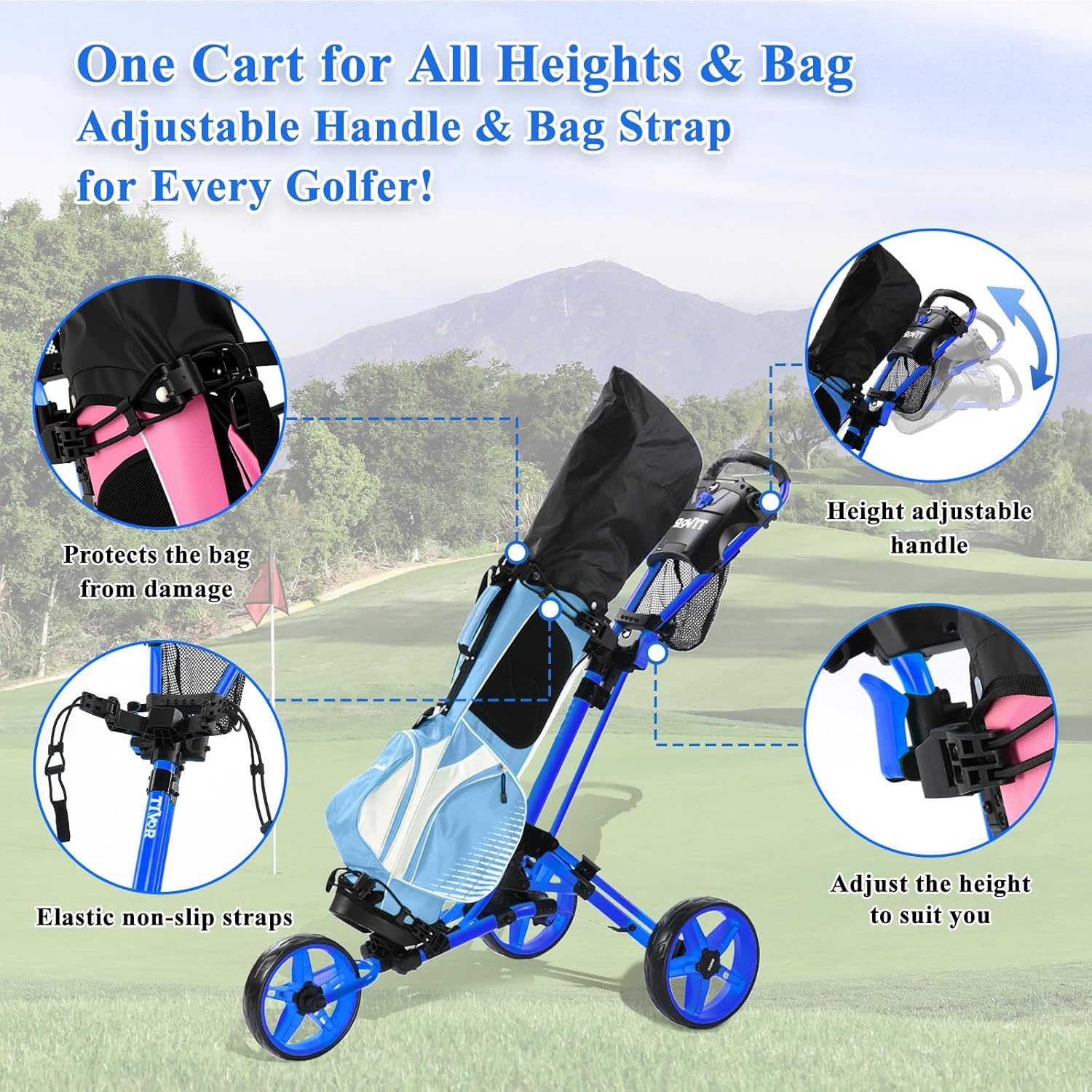 Tivor Lightweight Golf Push cart 3 Wheel,Foldable Golf Trolley for Adults and Junior with Ergonomic Adjustable Handle, Scorecard Holder, Umbrella Mount, Foot Brake, All-Terrain Wheels