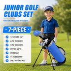 Kids Golf Clubs Set for Ages 6-8, Right Handed Junior Golf Clubs 7 Piece Set with 400cc Driver, 7 Iron, 9 Iron, Putter, Stand Bag, Headcover & Practice Mat, Kids Golf Set for Height 3'10"-4'4", Blue