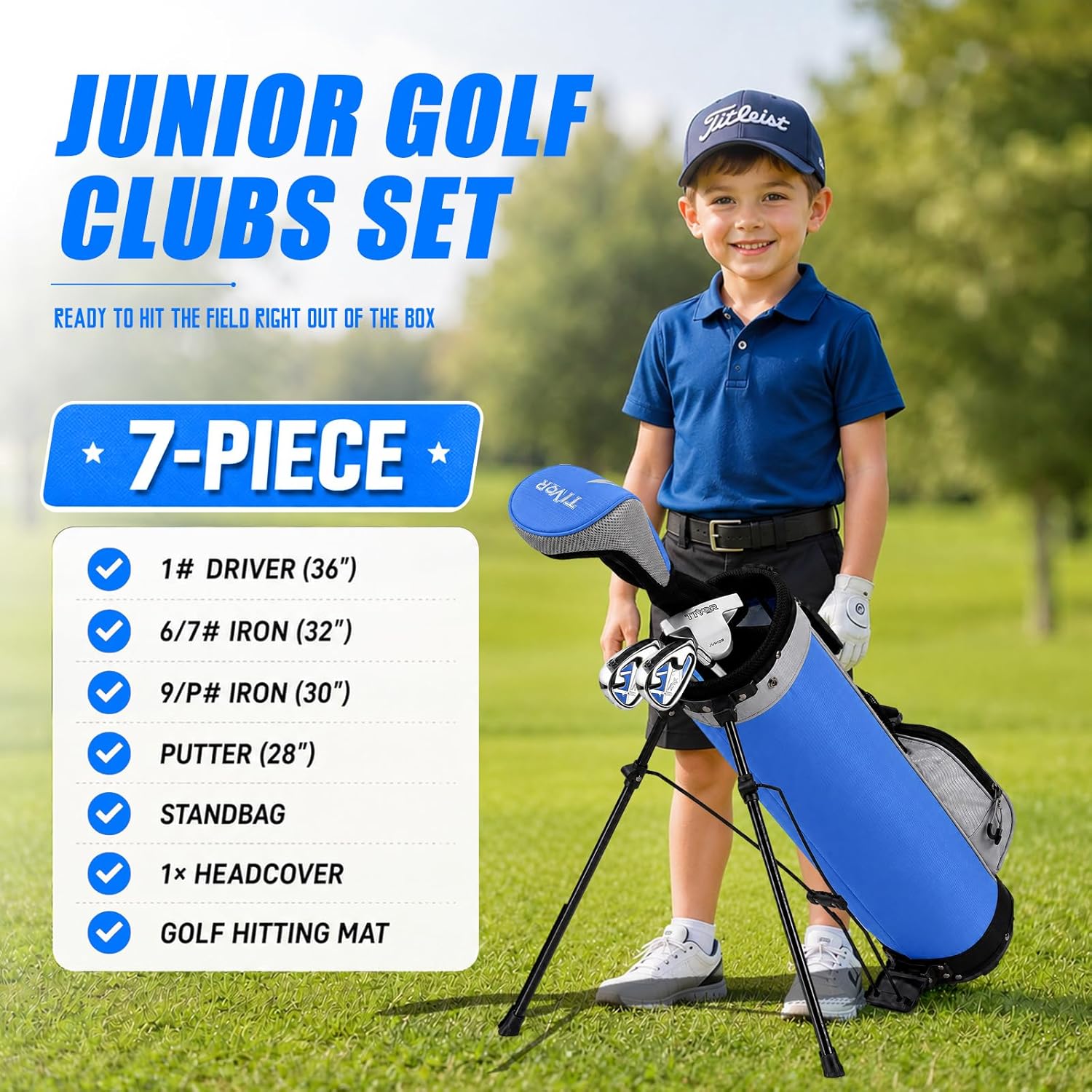 Kids Golf Clubs Set for Ages 6-8, Right Handed Junior Golf Clubs 7 Piece Set with 400cc Driver, 7 Iron, 9 Iron, Putter, Stand Bag, Headcover & Practice Mat, Kids Golf Set for Height 3'10"-4'4", Blue