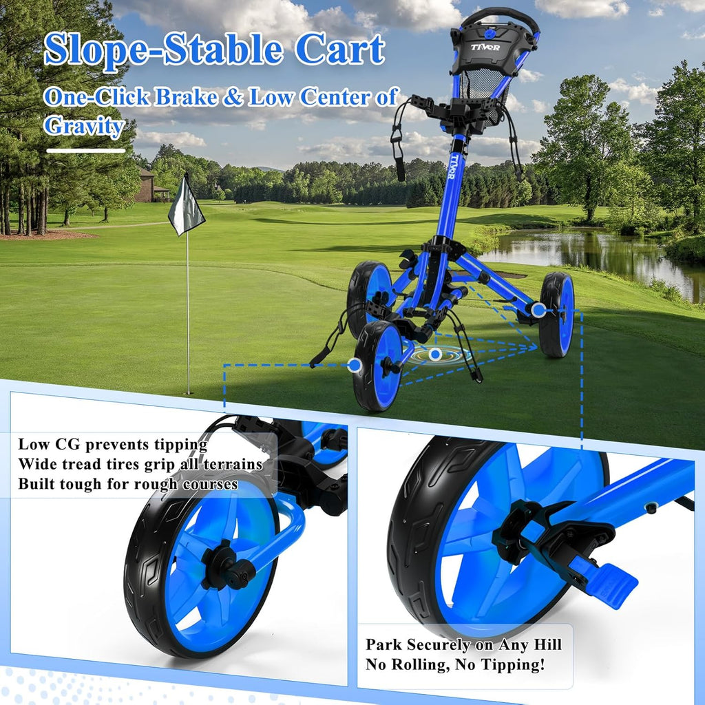 Tivor Lightweight Golf Push cart 3 Wheel,Foldable Golf Trolley for Adults and Junior with Ergonomic Adjustable Handle, Scorecard Holder, Umbrella Mount, Foot Brake, All-Terrain Wheels