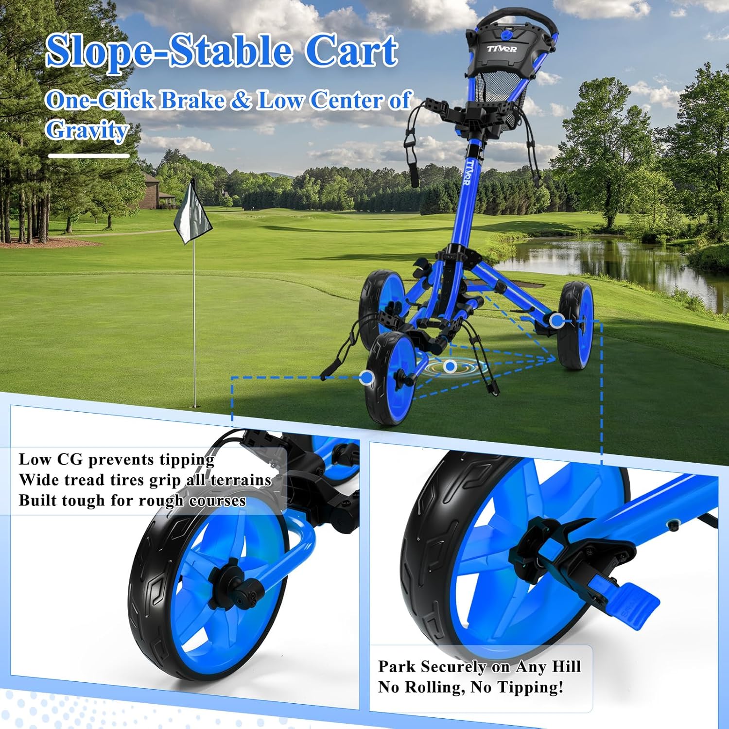 Tivor Lightweight Golf Push cart 3 Wheel,Foldable Golf Trolley for Adults and Junior with Ergonomic Adjustable Handle, Scorecard Holder, Umbrella Mount, Foot Brake, All-Terrain Wheels