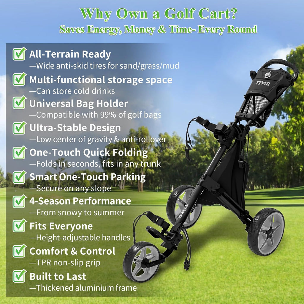 Tivor 3 Wheel Golf Push Cart, Lightweight Push Cart Golf One-Click Folding, Adjustable Height Pushcart for Golf Bags, Compact Design for Ladies, Junior Golfers