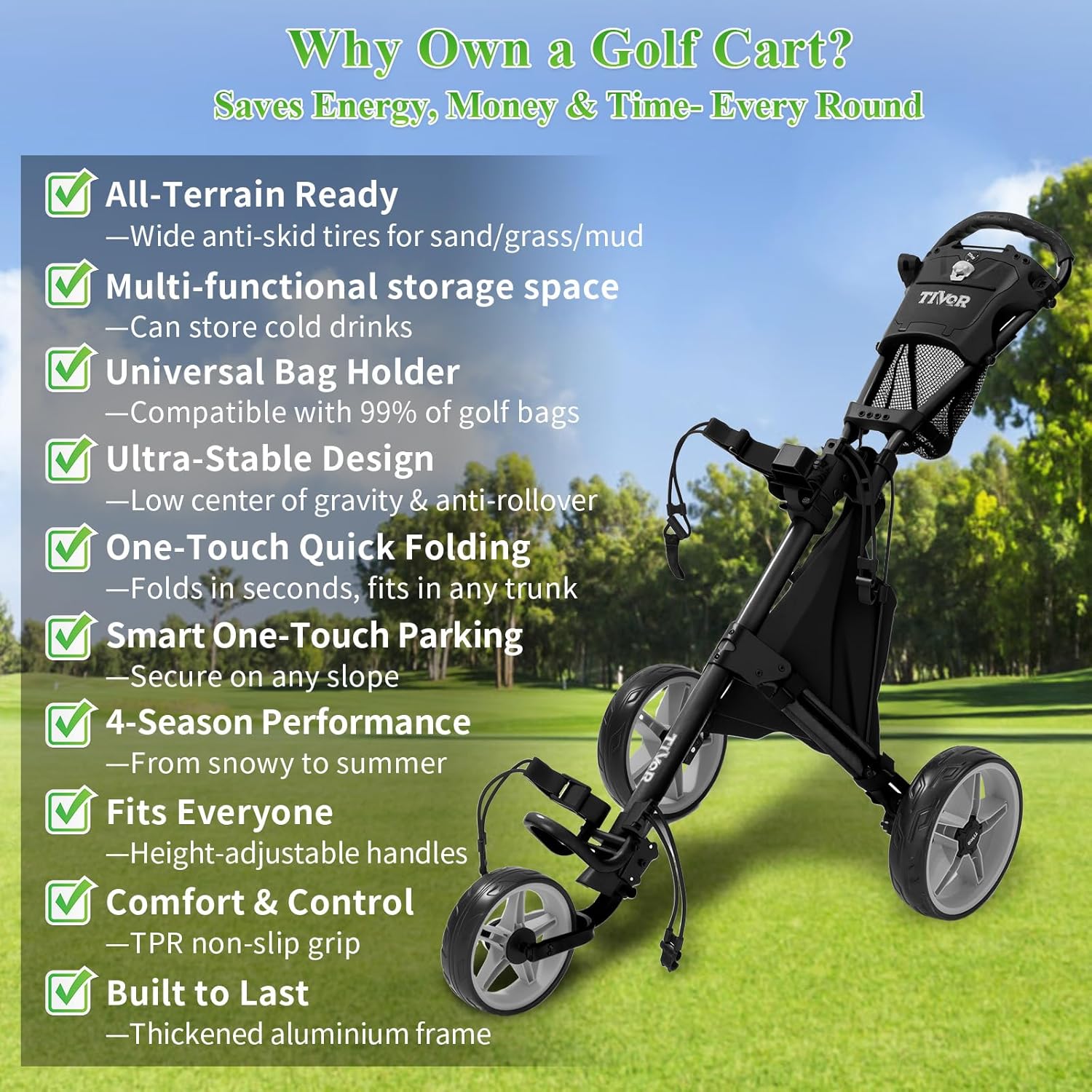 Tivor 3 Wheel Golf Push Cart, Lightweight Push Cart Golf One-Click Folding, Adjustable Height Pushcart for Golf Bags, Compact Design for Ladies, Junior Golfers