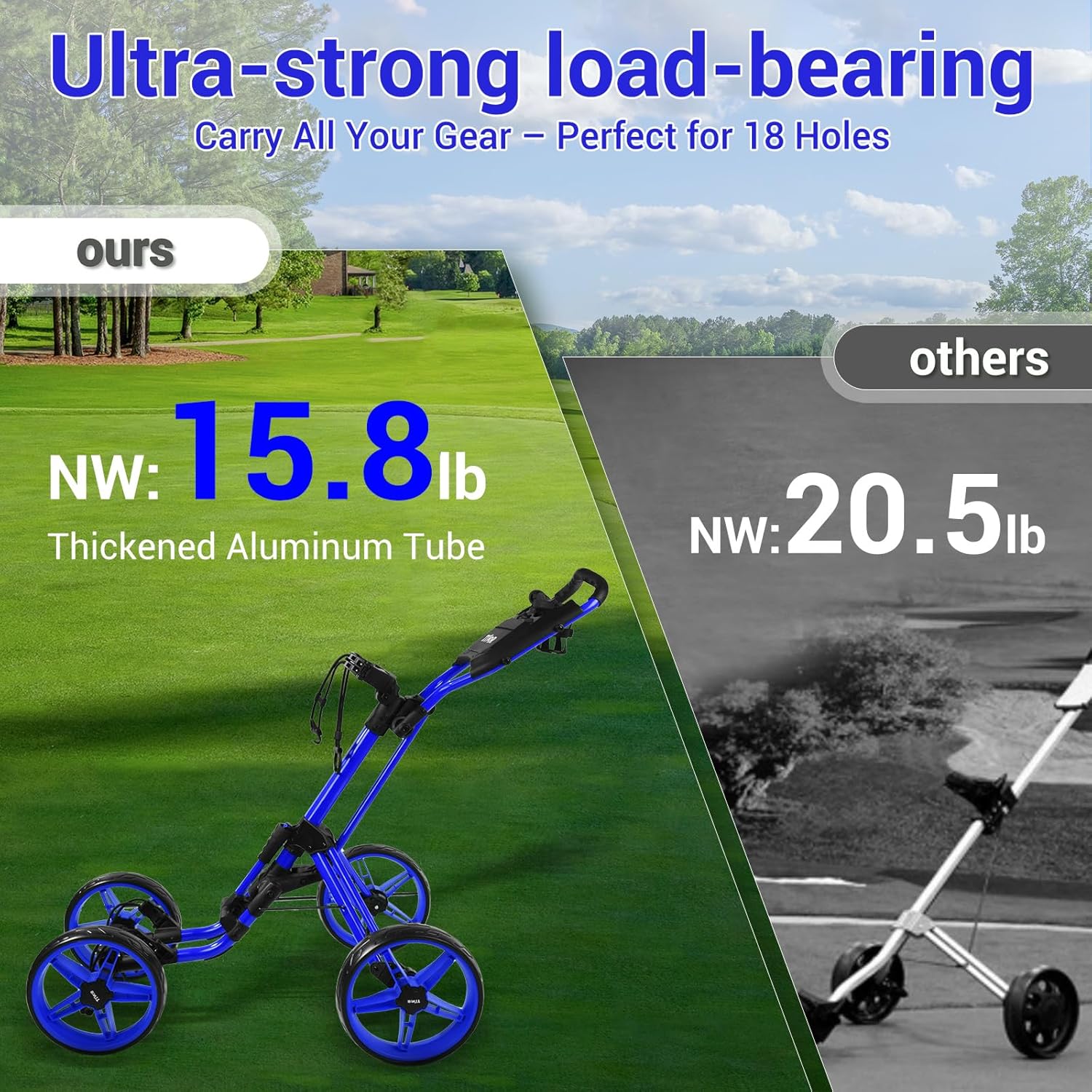 Tivor Lightweight Golf Push cart 4 Wheel Foldable Golf Trolley for Adults and Junior with Ergonomic Adjustable Handle, Scorecard Holder, Umbrella Mount, Foot Brake, All-Terrain Wheels