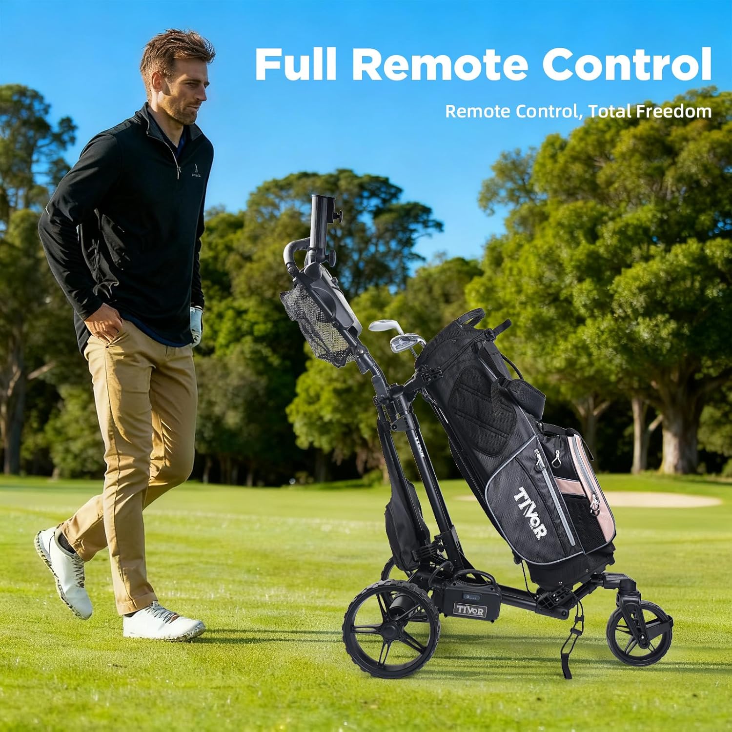 Tivor Electric Golf Push Cart with 24V10Ah Li-Ion Battery, 9 Speed Gears, Extra Large Storage, 2-Stage Folding with E-Brake, Travels Up and Downhill at Even Speeds