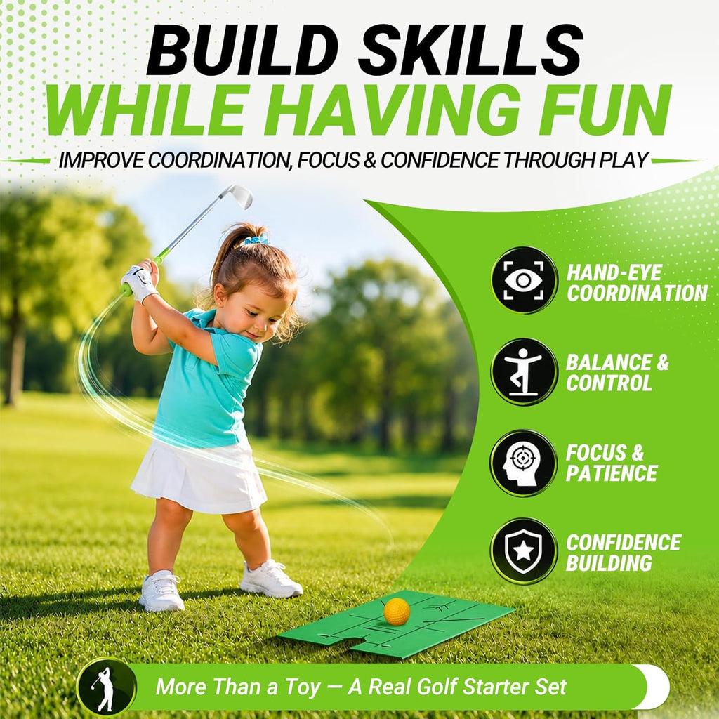Kids Golf Clubs Set for Ages 3-5, Right Handed Junior Golf Clubs 6 Piece Set with Hybrid, 7 Iron, Putter, Golf Bag, Headcover & Practice Mat, Kids Golf Set for Height 3'4"–3'10", Green