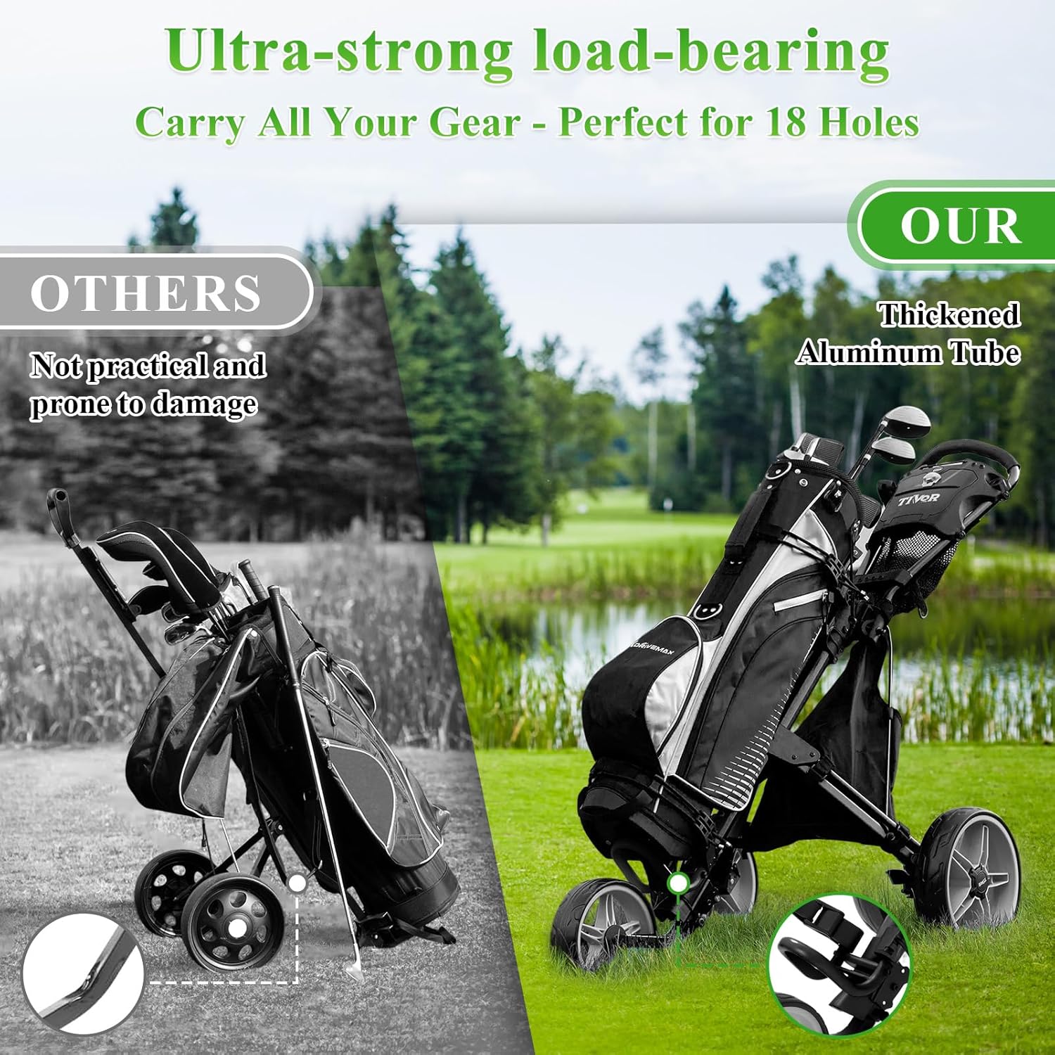 Tivor 3 Wheel Golf Push Cart, Lightweight Push Cart Golf One-Click Folding, Adjustable Height Pushcart for Golf Bags, Compact Design for Ladies, Junior Golfers