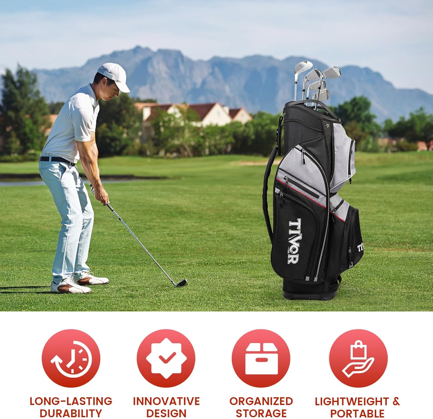 TIVOR 2026 Golf Cart Bag - 14-Way Full-Length Dividers, 9 Pockets, Easy-Access Handle & Ergonomic Straps | Perfect for Cart & Walking, Includes Rain Cover