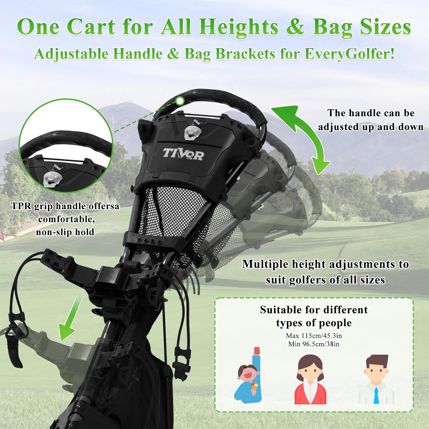 Tivor 3 Wheel Golf Push Cart, Lightweight Push Cart Golf One-Click Folding, Adjustable Height Pushcart for Golf Bags, Compact Design for Ladies, Junior Golfers